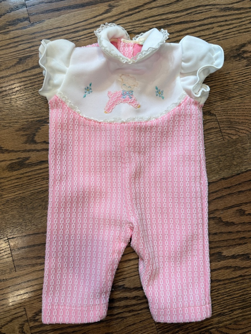 Vintage Tiny Tots Pink Baby Knit Romper with Embroidered Lamb 0-3 M